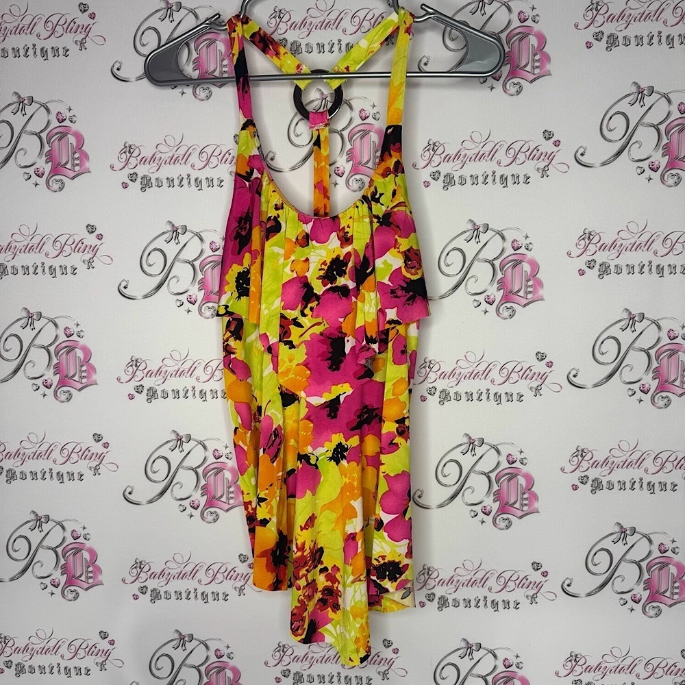 Candy couture tank top O ring metal detail ruffle Vibrant Floral Halter Top